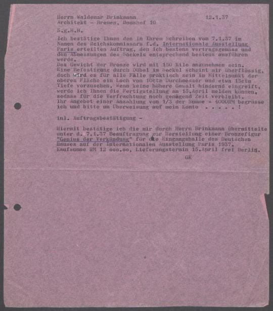 Briefwechsel zwischen Waldemar Brinkmann [Reichskommissariat für die Internationale Ausstellung Paris 1937] und Georg Kolbe