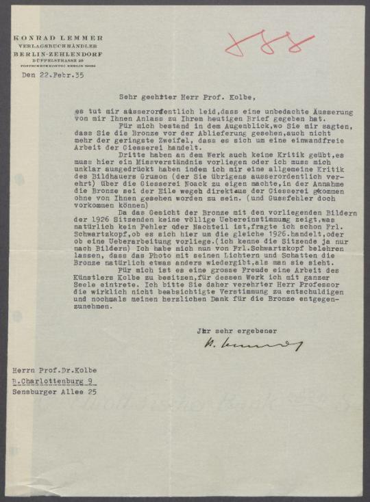 Briefwechsel zwischen Konrad Lemmer [Rembrandt-Verlag] und Georg Kolbe