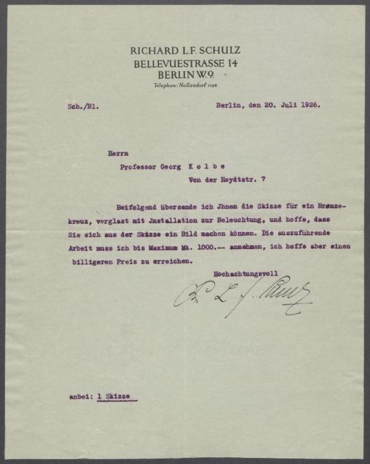 Briefe von Richard L. F. Schulz [Firma Schulz , Berlin] an Georg Kolbe