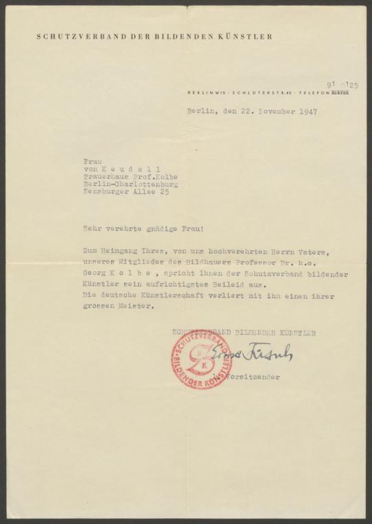 Briefe vom Schutzverband Bildender Künstler an Georg Kolbe und Leonore von Keudell