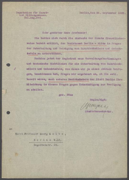 Brief von Gustav August Johann Heinrich Böß [Städtische Deputation für Kunst und Bildungswesen, Berlin] an Georg Kolbe