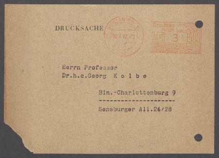 Brief von Karl Möbius [Verein Berliner Künstler] an Georg Kolbe