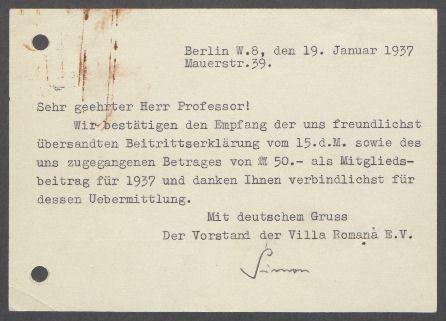 Briefwechsel zwischen der Villa Romana e.V., dem Deutschen Künstlerbund und Georg Kolbe