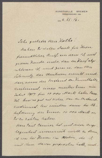 Briefe von Emil Waldmann [Kunsthalle, Bremen] an Georg Kolbe