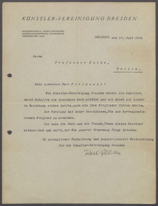 Brief von Karl Albiker [Künstlervereinigung, Dresden] an Georg Kolbe