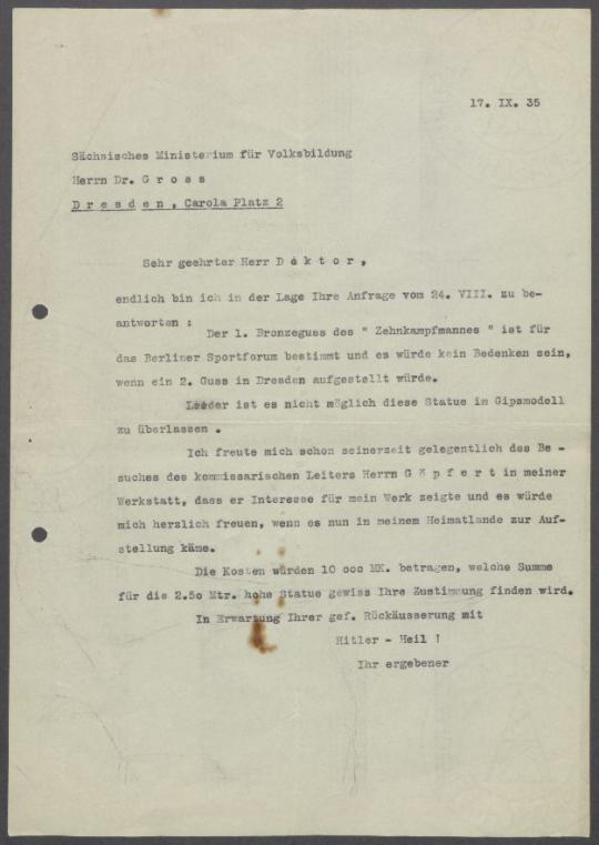 Briefwechsel zwischen Groß [Sächsisches Ministerium für Volksbildung Dresden] und Georg Kolbe