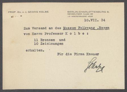 Briefwechsel zwischen dem Folkwang Museum Essen, der Galerie Vömel Düsseldorf und Georg Kolbe