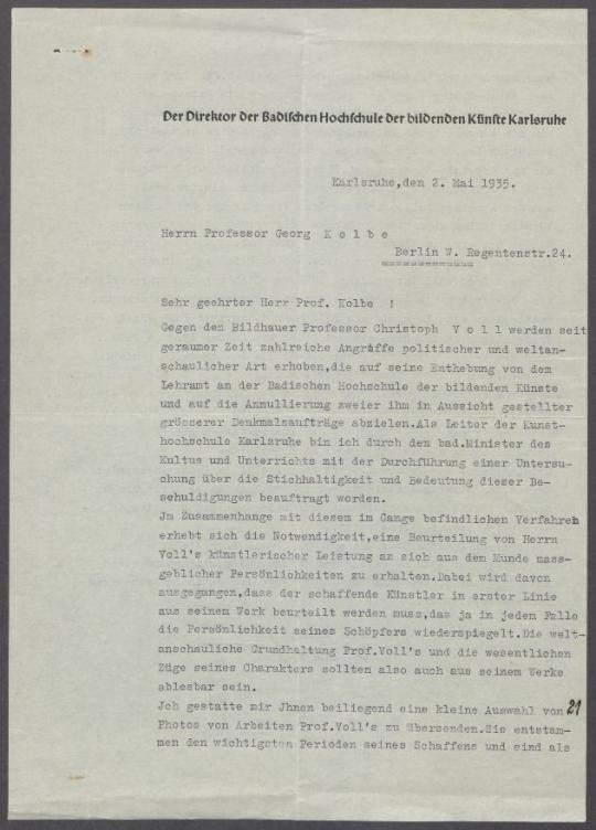 Briefwechsel zwischen Otto Dominik Haupt [Hochschule der Bildenden Künste Karlsruhe] und Georg Kolbe