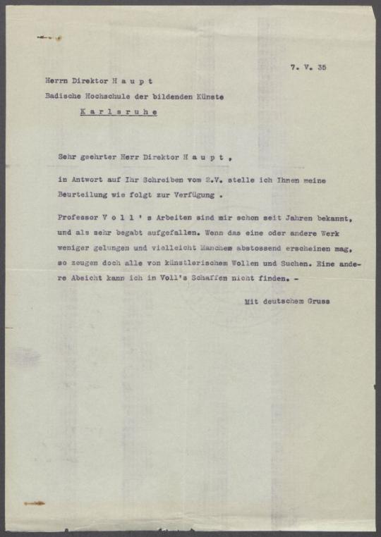 Briefwechsel zwischen Otto Dominik Haupt [Hochschule der Bildenden Künste Karlsruhe] und Georg Kolbe