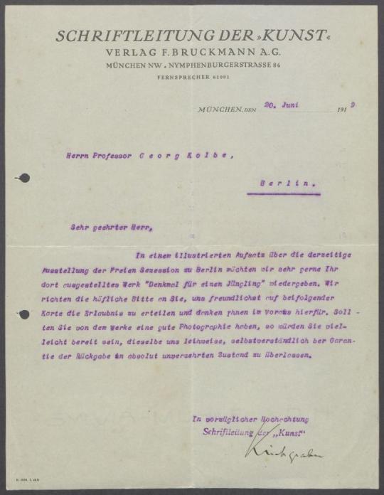 Brief von der F. Bruckmann AG, München an Georg Kolbe