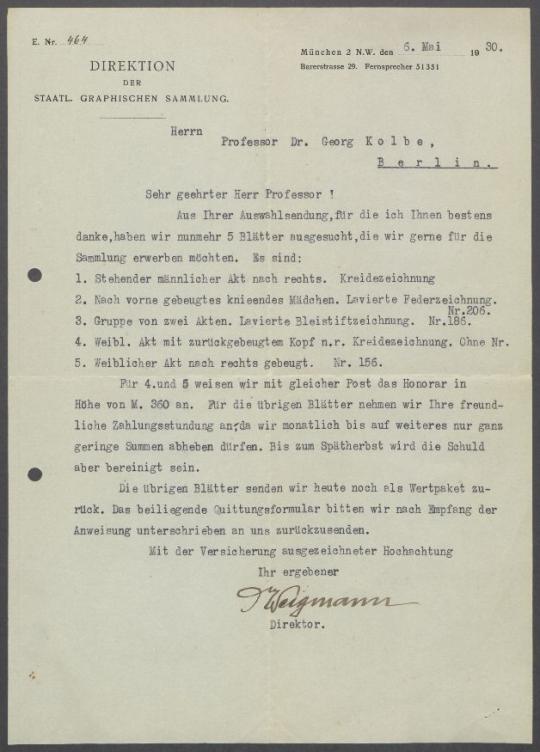 Briefwechsel zwischen Otto Weigmann [Staatliche Graphische Sammlung München] und Georg Kolbe