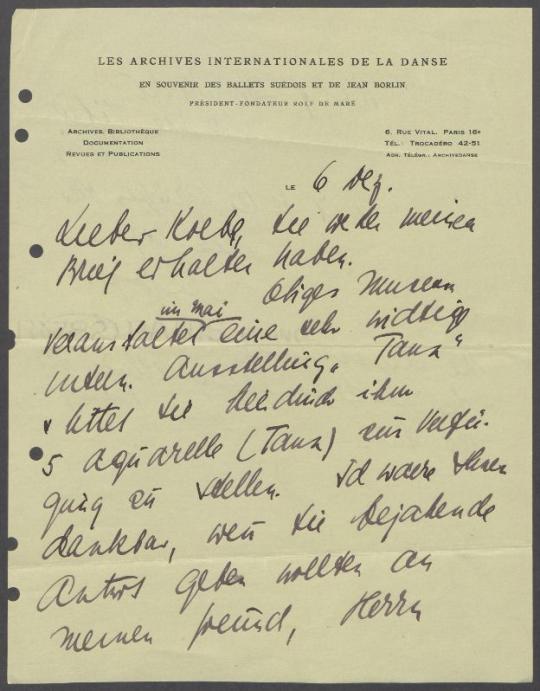 Briefe von Rolf de Maré und Alfred Flechtheim von das Archives internationales de la danse, Paris an Georg Kolbe
