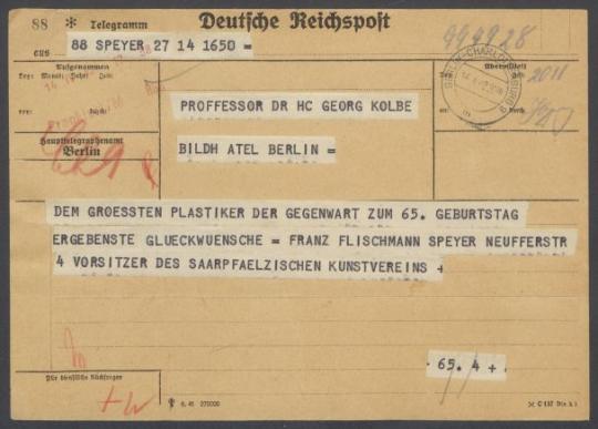 Brief von Franz Fleischmann [Saarpfälzischer Kunstverein] an Georg Kolbe