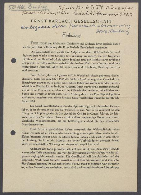 Brief von der Ernst Barlach-Gesellschaft an Georg Kolbe