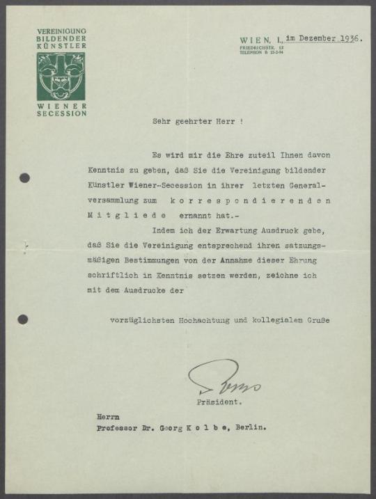 Briefwechsel zwischen der Wiener Secession und Georg Kolbe