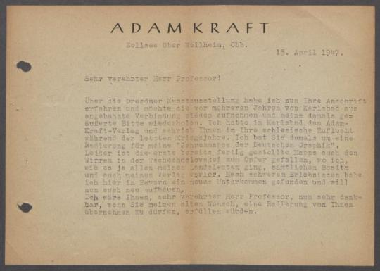 Brief von Adam Kraft [Adam Kraft Verlag, Zellsee] an Georg Kolbe