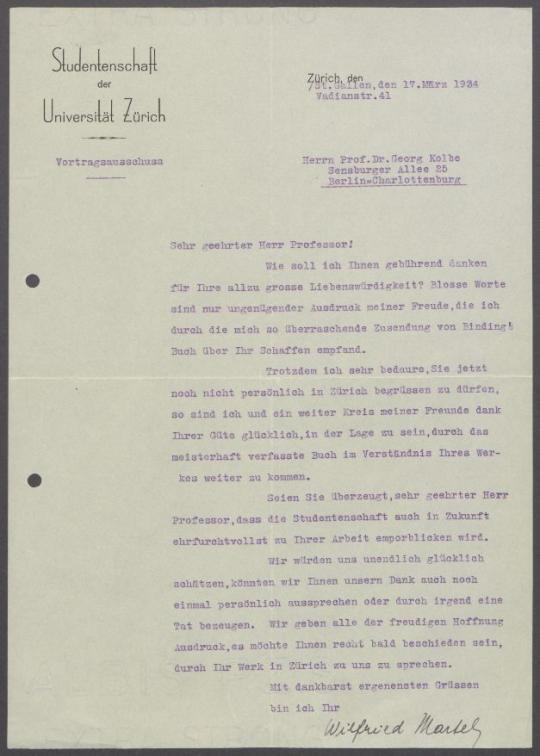 Briefwechsel zwischen Wilfried Martel [Studentenschaft der Universität Zürich] und Georg Kolbe