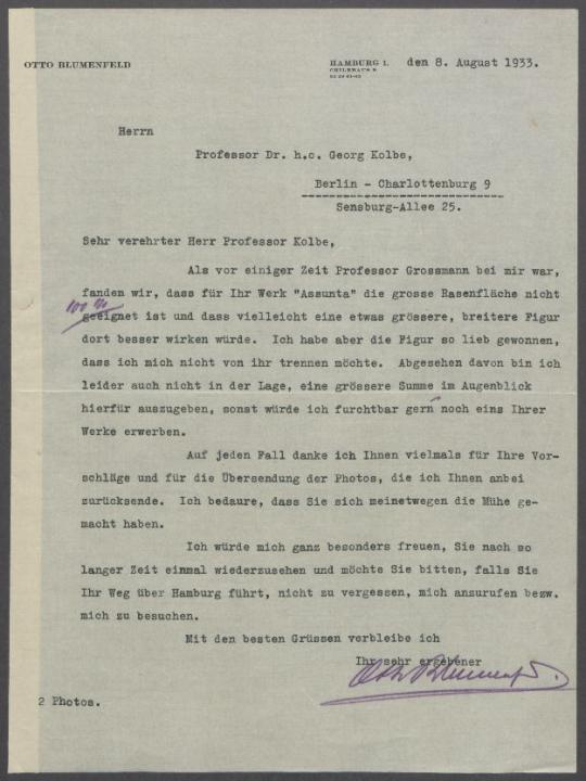 Briefwechsel zwischen Otto Blumenfeld [Blumenfeld AG] und Georg Kolbe