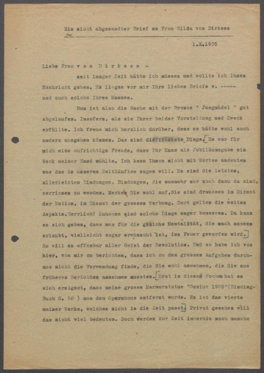 Brief von Georg Kolbe an Hilda von Dirksen