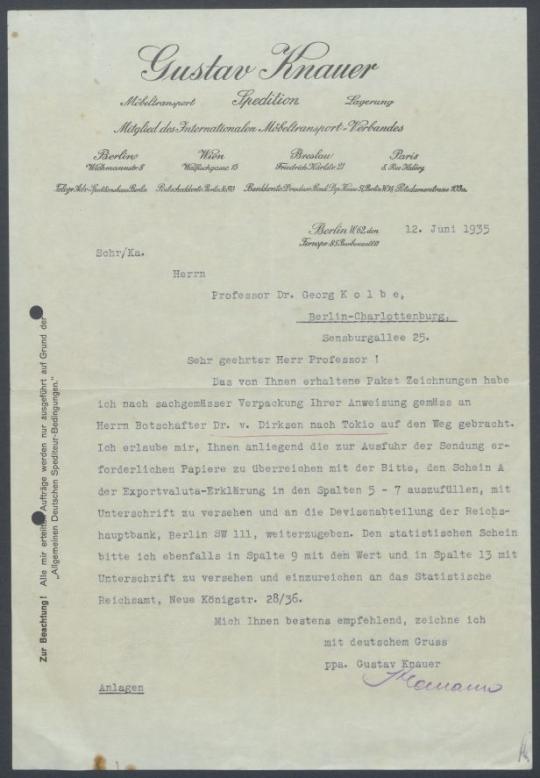 Brief von Georg Kolbe an Herbert von Dirksen
