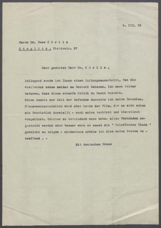 Briefe von Georg Kolbe an Hans Cürlis