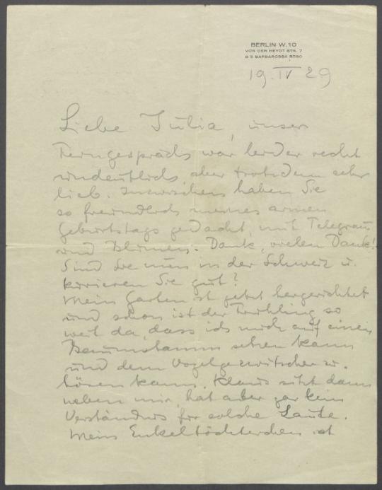 Brief von Georg Kolbe an Julia Hauff