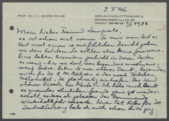 Brief von Georg Kolbe an Hermann Lemperle