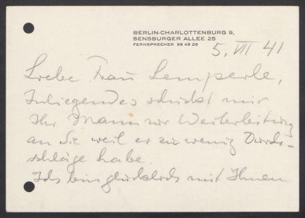 Briefe von Georg Kolbe an Frau Lemperle