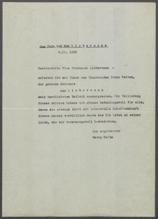 Brief von Georg Kolbe an Martha Liebermann
