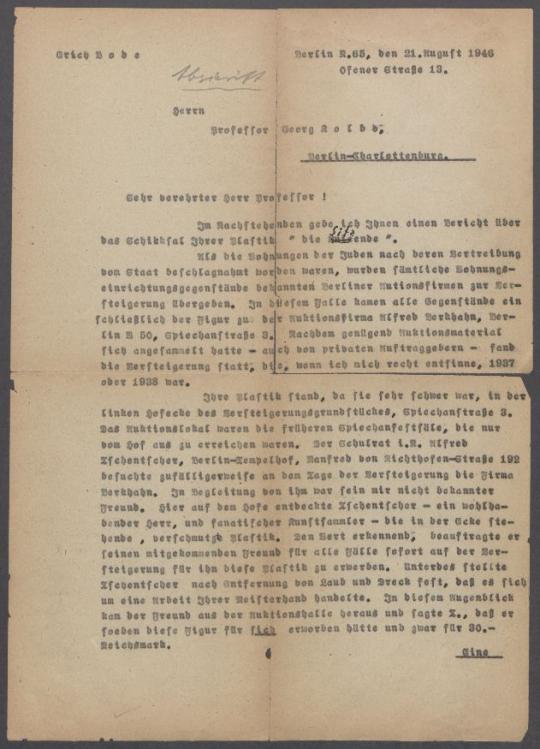 Brief von Erich Bode an Georg Kolbe