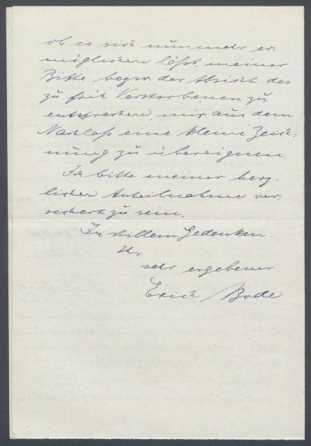 Brief von Erich Bode an Georg Kolbe