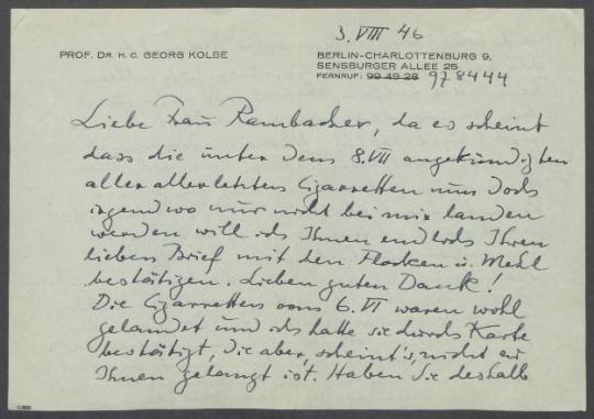 Briefe von Georg Kolbe an Margret Rambacher