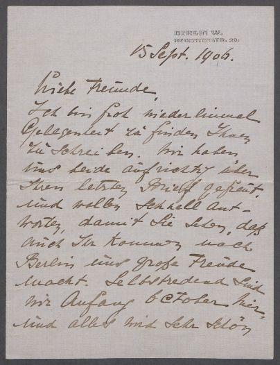 Brief von Benjamine Kolbe an Charlotte und Hermann Schmitt