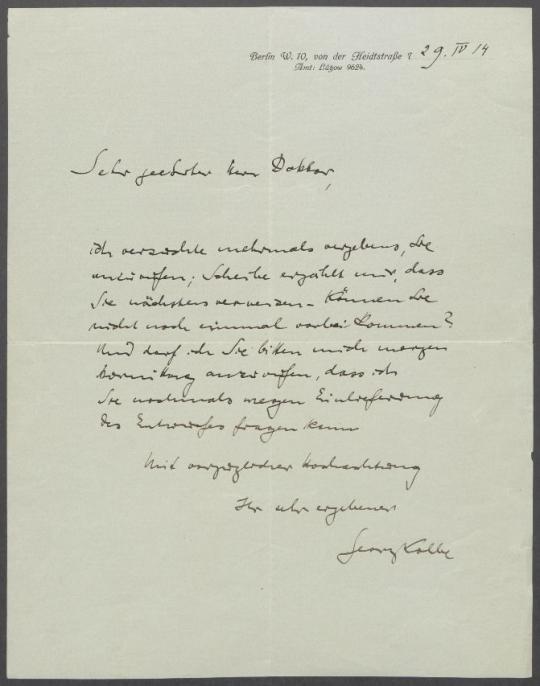 Brief von Georg Kolbe an Johannes Sievers