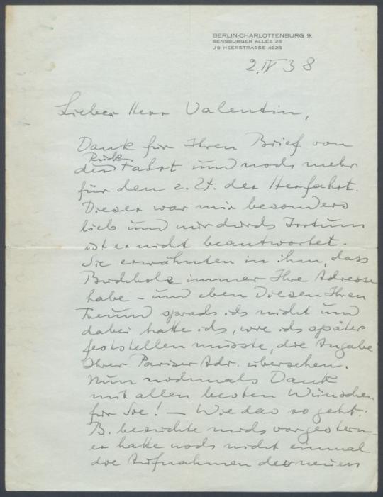 Brief von Georg Kolbe an Curt Valentin