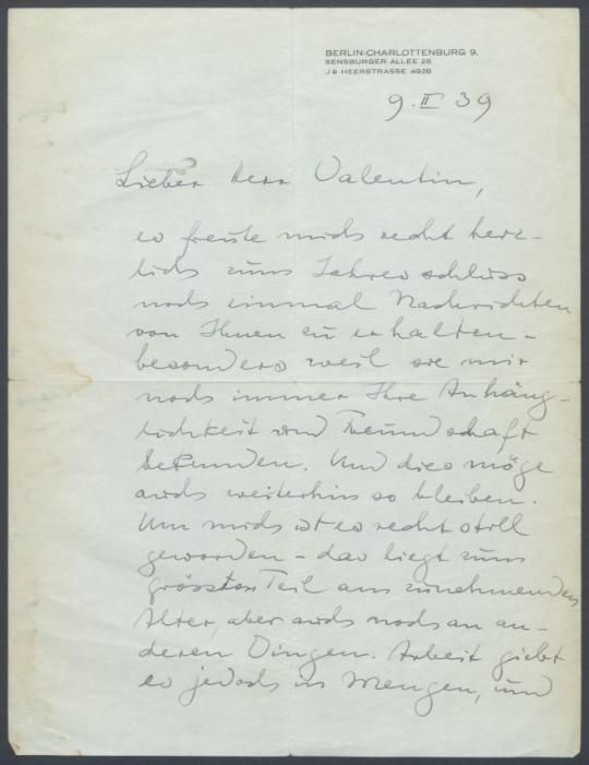 Brief von Georg Kolbe an Curt Valentin