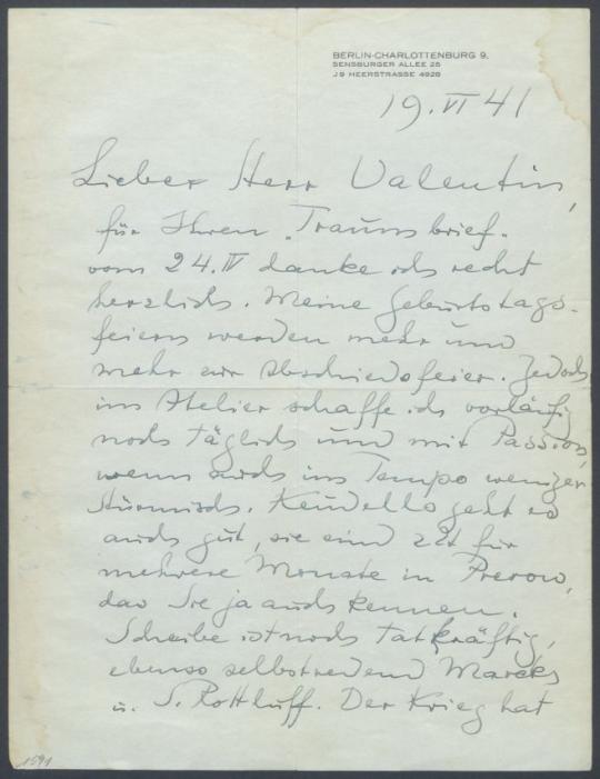 Brief von Georg Kolbe an Curt Valentin