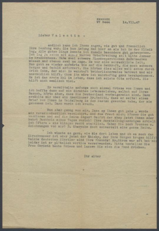 Brief von Georg Kolbe an Curt Valentin