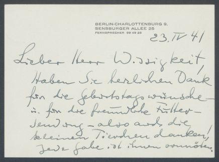 Brief von Georg Kolbe an Conrad Wissigkeit