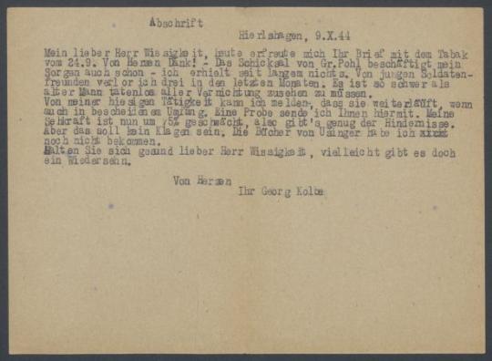 Brief von Georg Kolbe an Conrad Wissigkeit