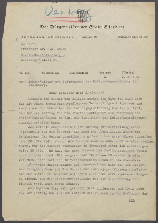 Briefwechsel zwischen Kraft [Bürgermeister von Eilenburg] und Georg Kolbe