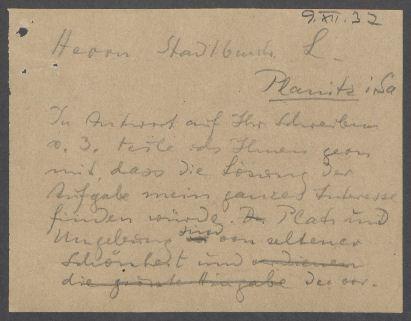 Brief von Georg Kolbe an den Stadtbürgermeister von Planitz i. Sachsen