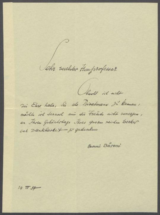 Brief von Benvenuto Busoni an Georg Kolbe