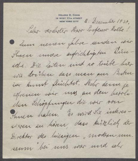 Brief von Helene D. Cohn und Erich Cohn an Georg Kolbe
