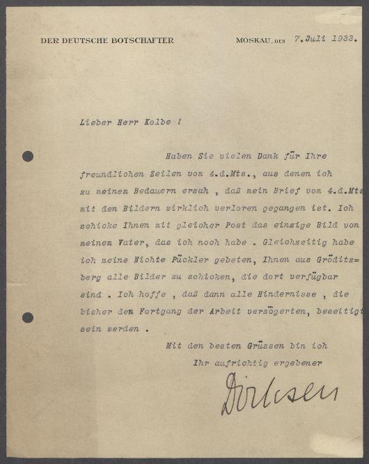 Briefwechsel zwischen Herbert von Dirksen, Alix von Pückler, H. Cronemeyer und Georg Kolbe