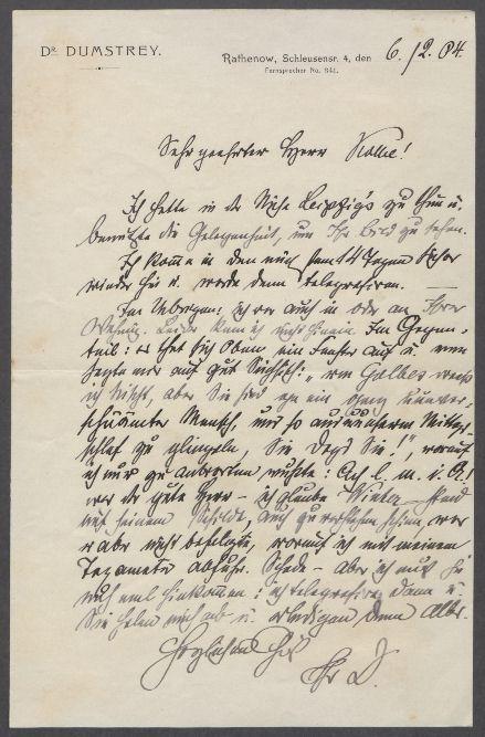 Briefe von Fritz Dumstrey an Georg Kolbe