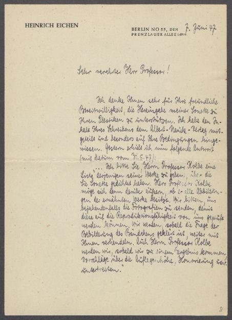 Briefe von Heinrich Eichen an Georg Kolbe