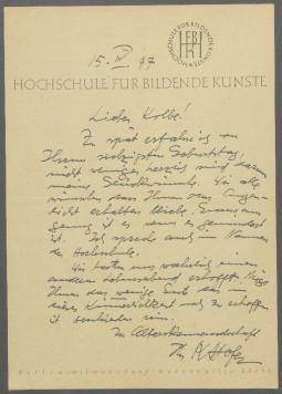 Brief von Karl Hofer [Hochschule für Bildende Künste, Berlin West] an Georg Kolbe