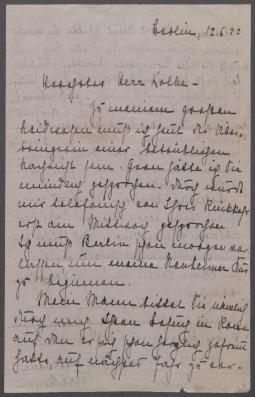 Brief von Vera von Bergen-Dirksen an Georg Kolbe