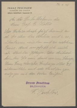 Brief von Franz Peschlon an Kolbe, Hinterbliebene